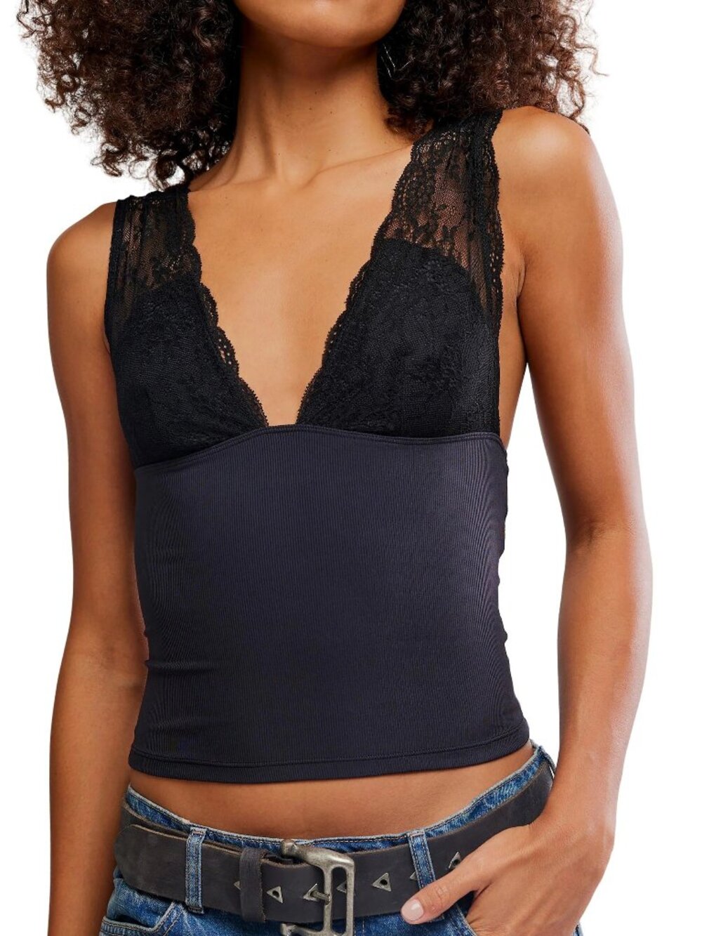Free People XS Black Power Play Cami Sleeveless Lace Trimmed Top 60% off Retail